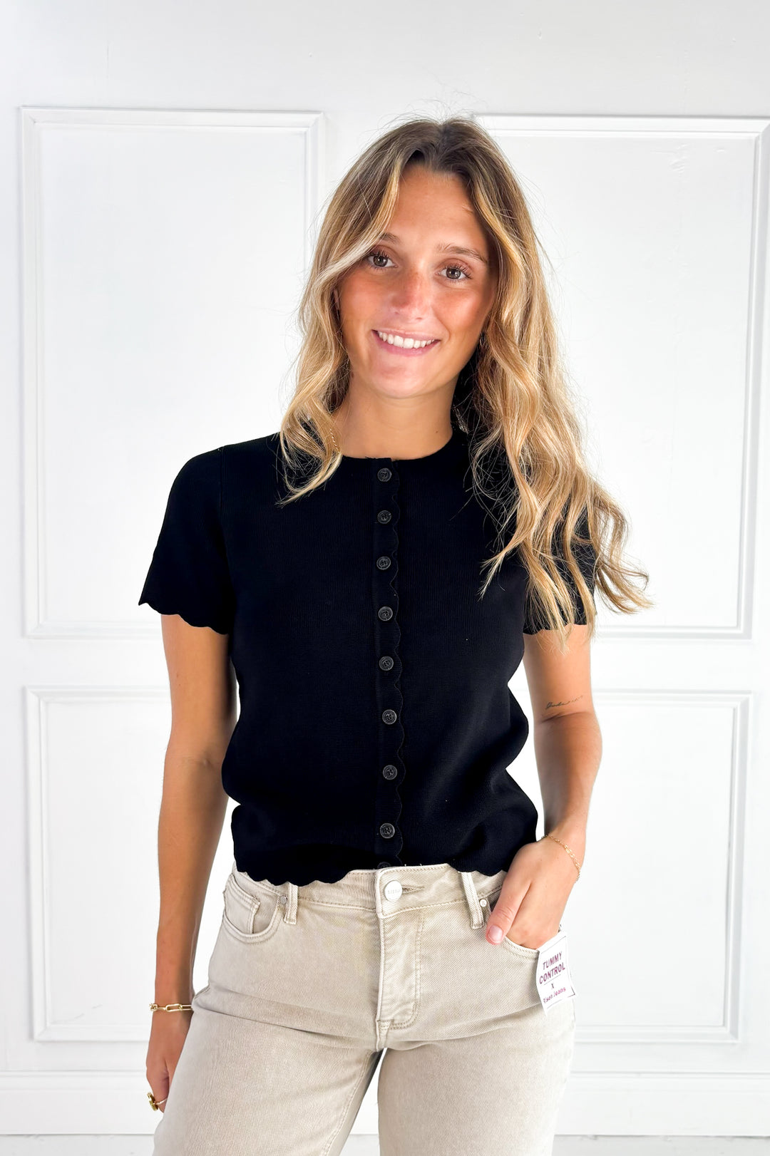 Scalloped Short Sleeve Button Down Cardigan