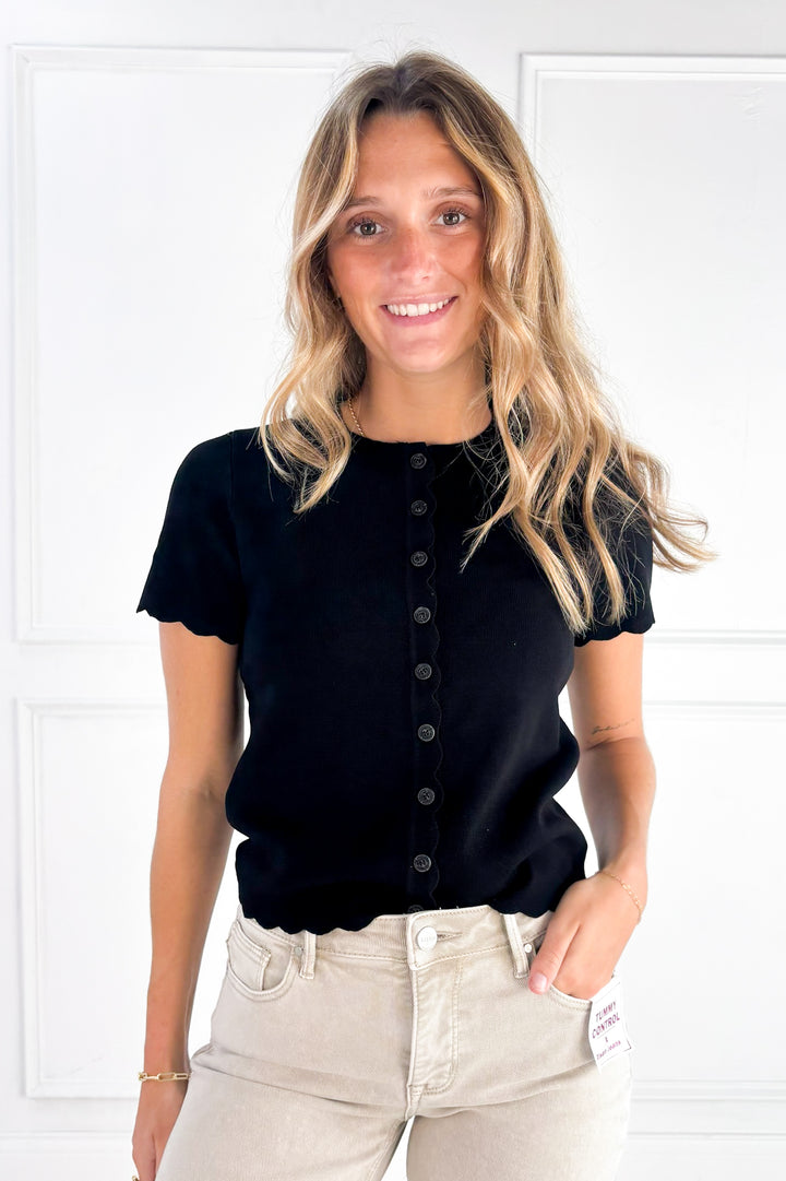 Scalloped Short Sleeve Button Down Cardigan