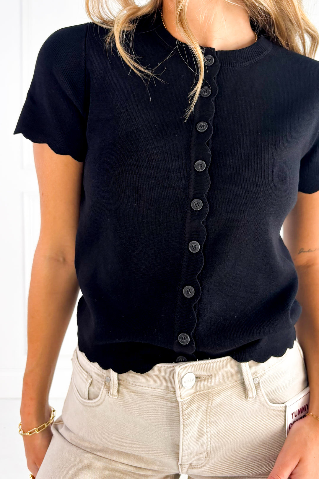 Scalloped Short Sleeve Button Down Cardigan
