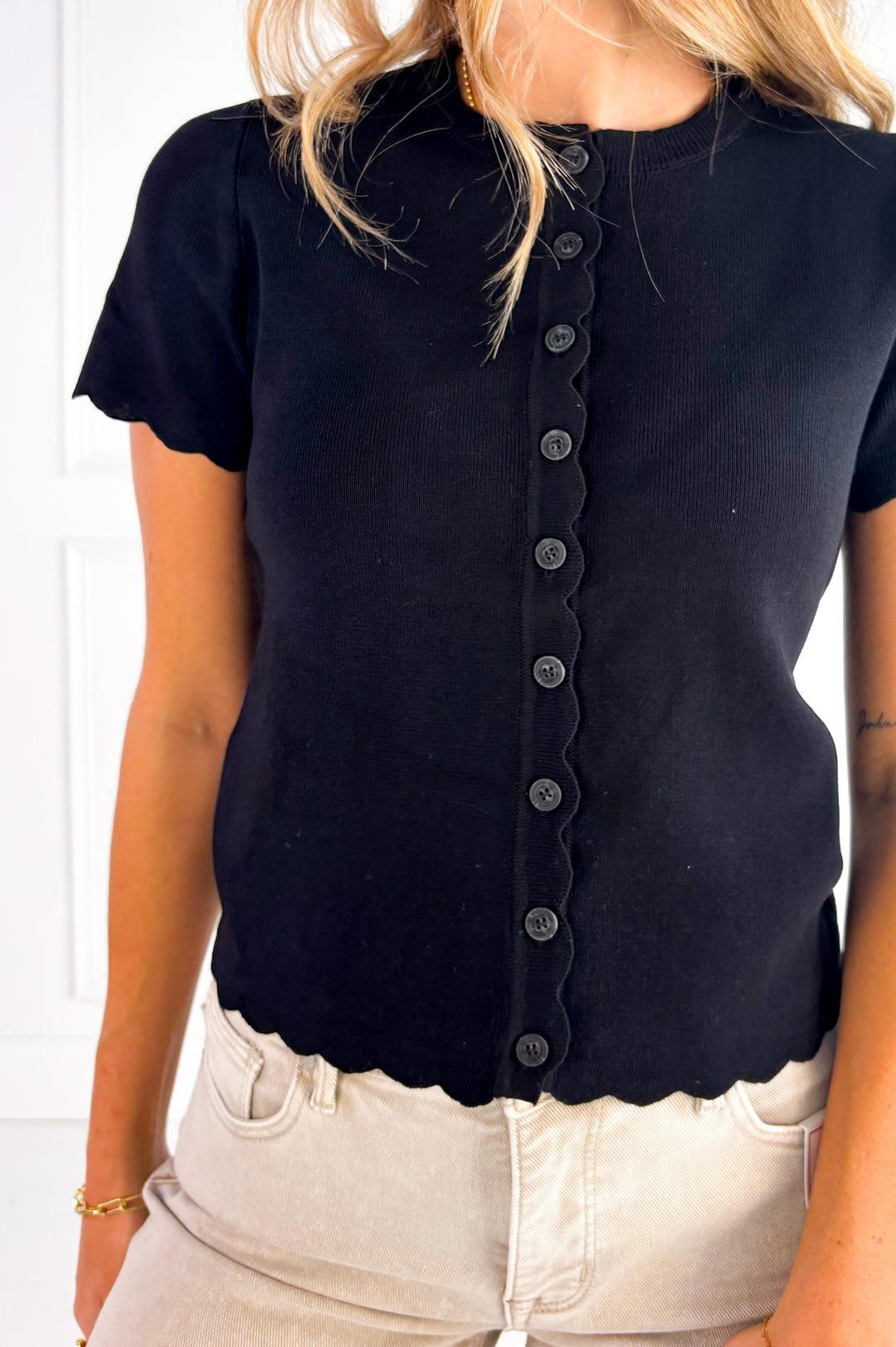 Scalloped Short Sleeve Button Down Cardigan