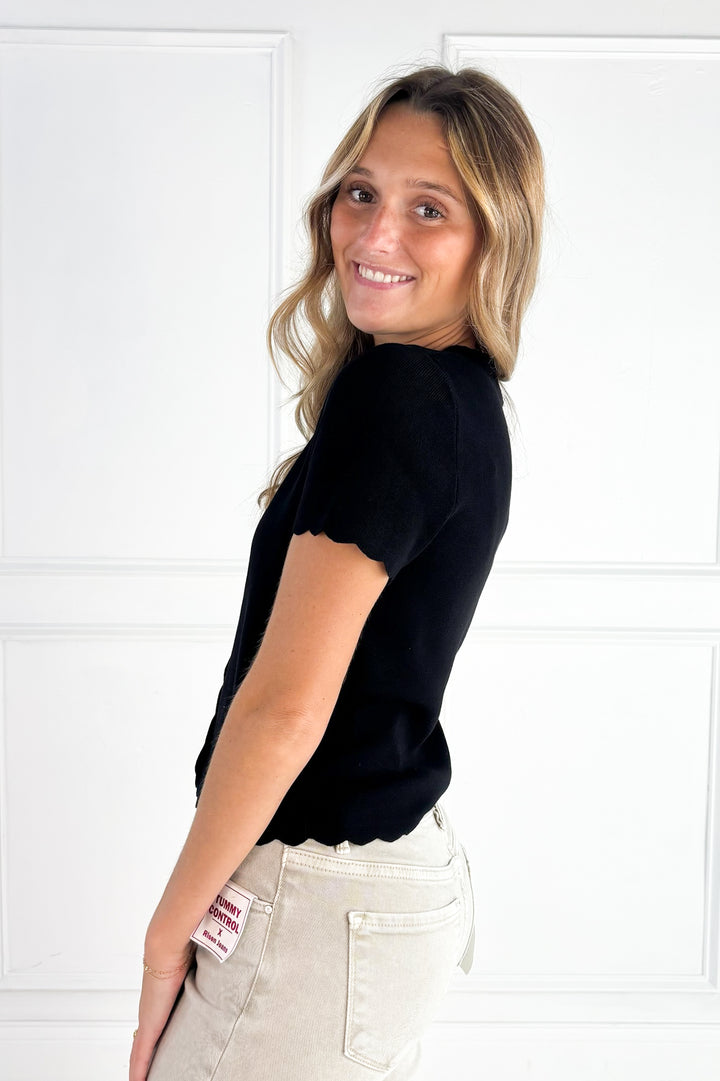 Scalloped Short Sleeve Button Down Cardigan