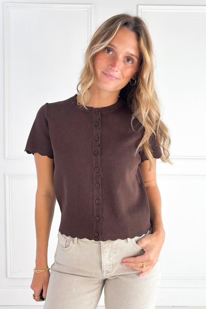 Scalloped Short Sleeve Button Down Cardigan