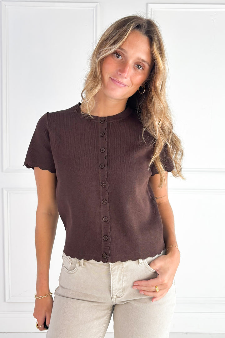 Scalloped Short Sleeve Button Down Cardigan