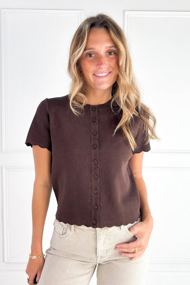 Scalloped Short Sleeve Button Down Cardigan