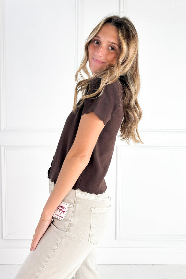 Scalloped Short Sleeve Button Down Cardigan