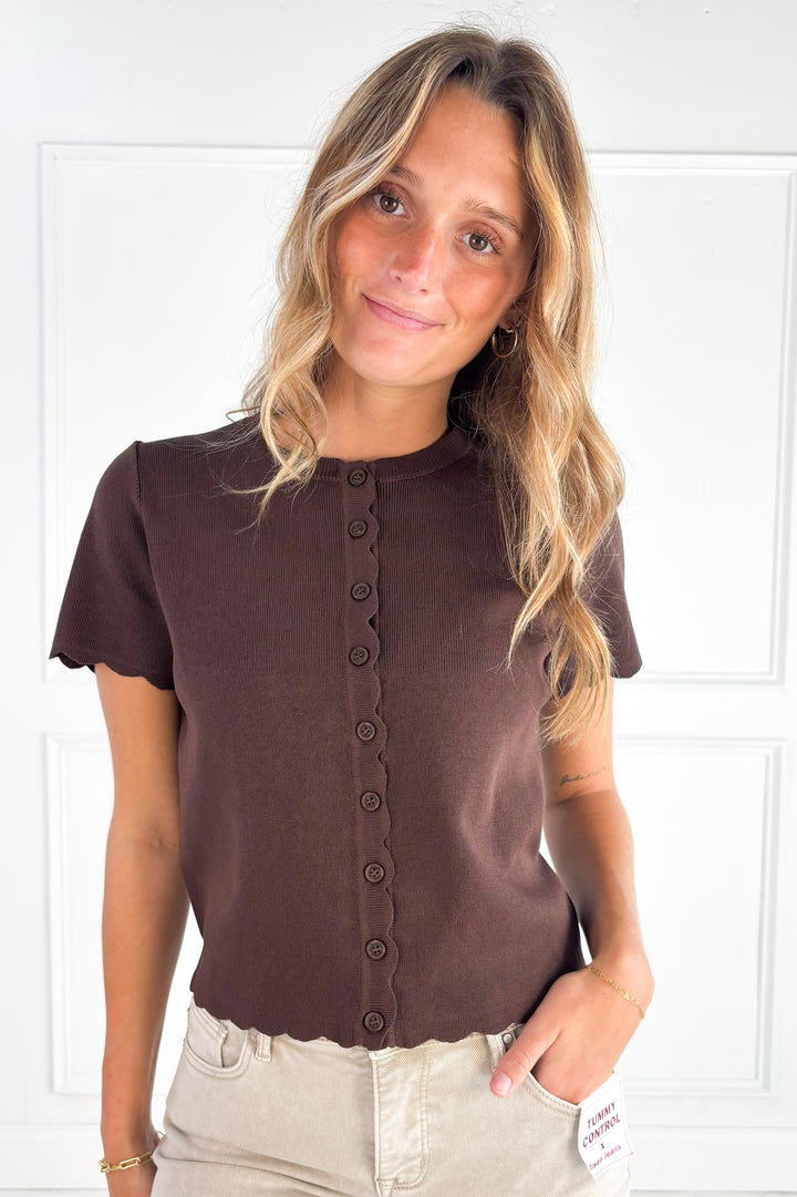 Scalloped Short Sleeve Button Down Cardigan