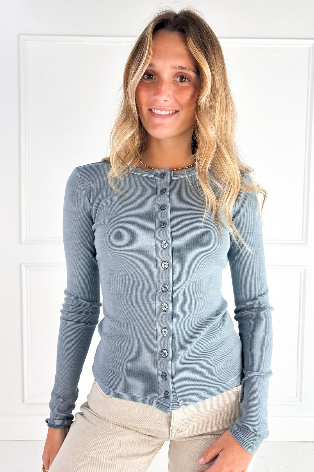 Button Front Round Neck Knit Top
