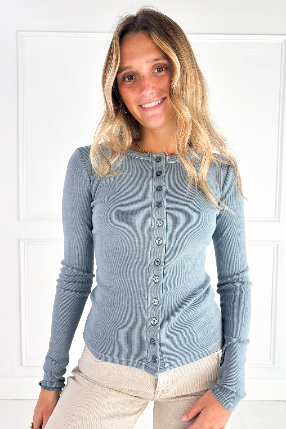 Button Front Round Neck Knit Top