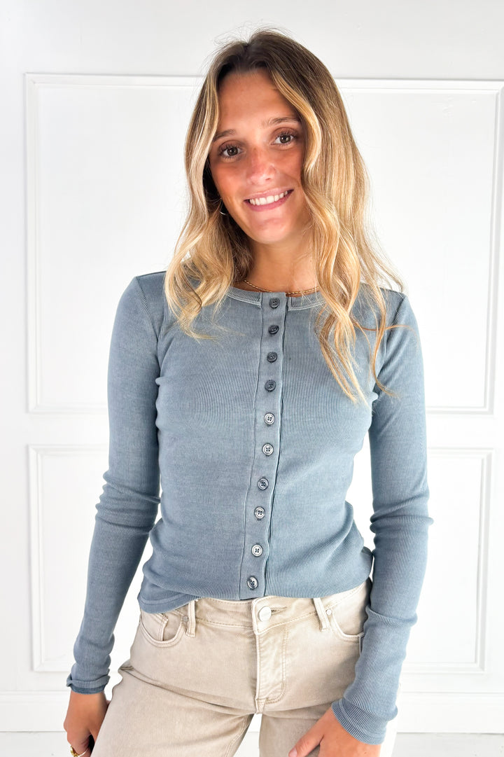 Button Front Round Neck Knit Top