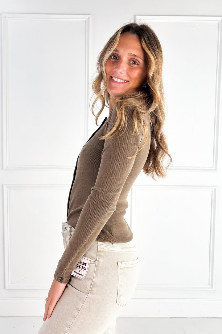 Button Front Round Neck Knit Top