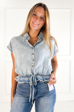 Elastic Waist Denim Peplum Blouse