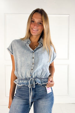 Elastic Waist Denim Peplum Blouse