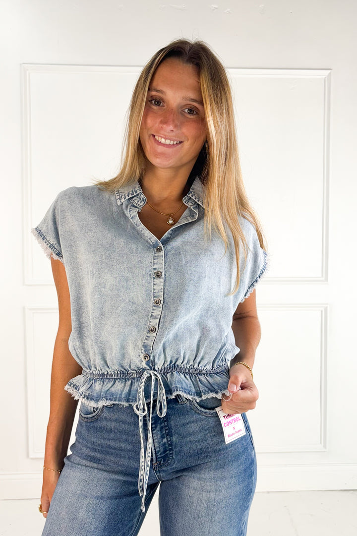 Elastic Waist Denim Peplum Blouse