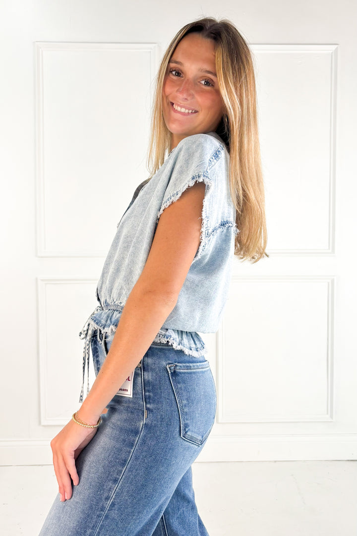 Elastic Waist Denim Peplum Blouse