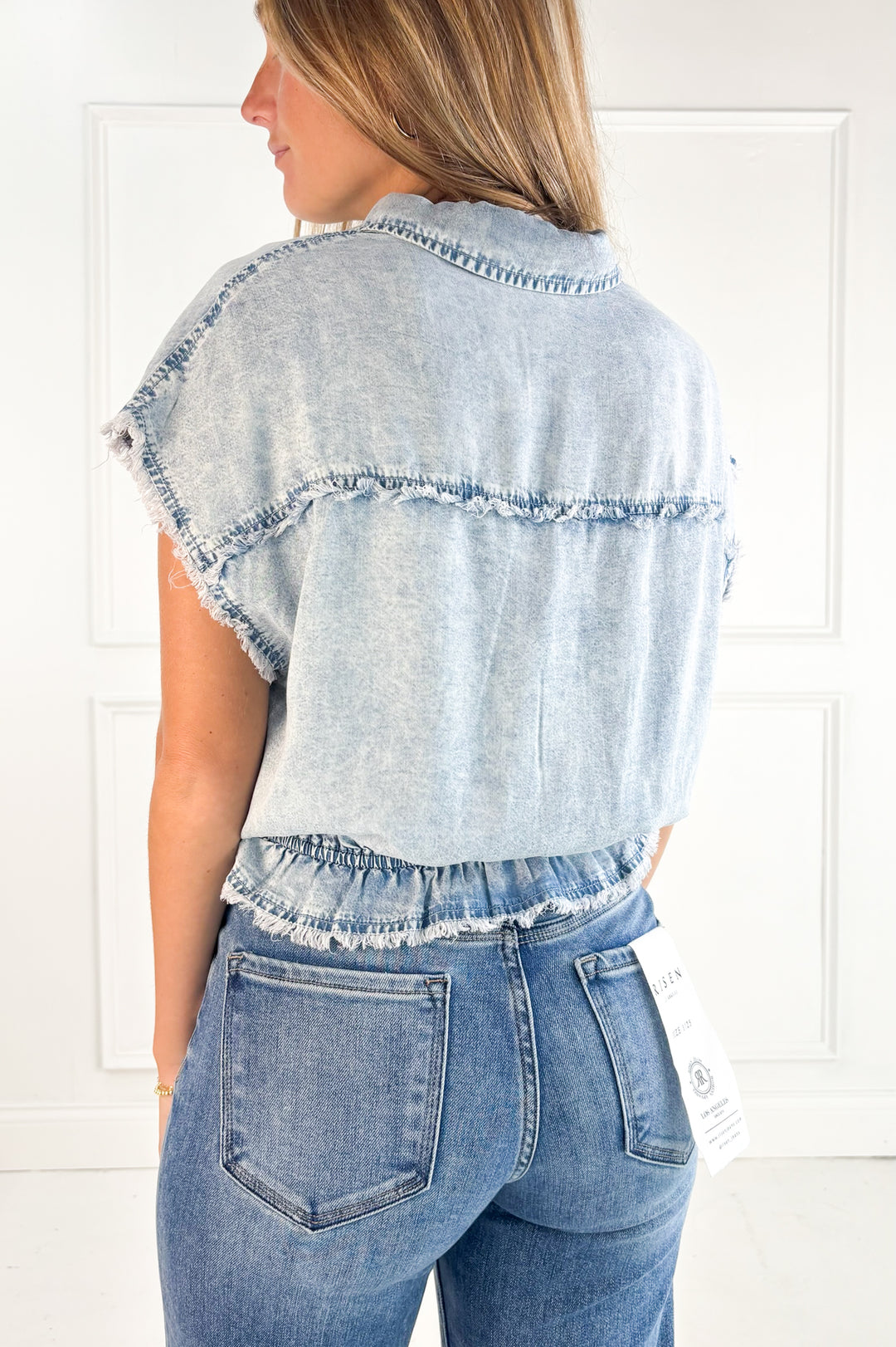 Elastic Waist Denim Peplum Blouse