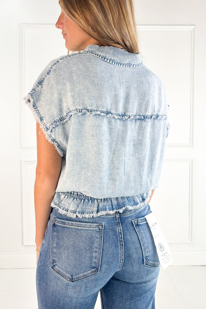 Elastic Waist Denim Peplum Blouse