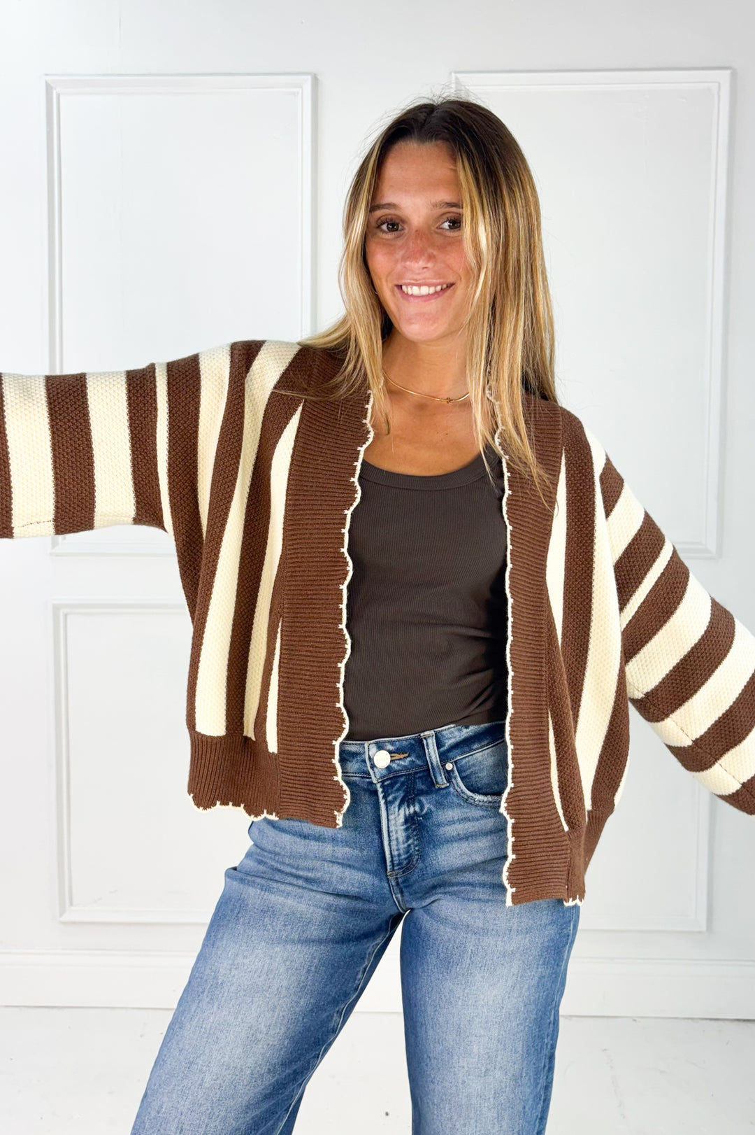 Textured Striped Sweater Open Cardigan