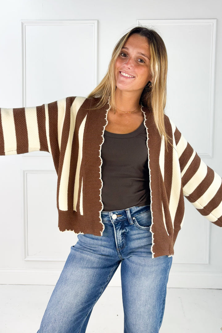 Textured Striped Sweater Open Cardigan