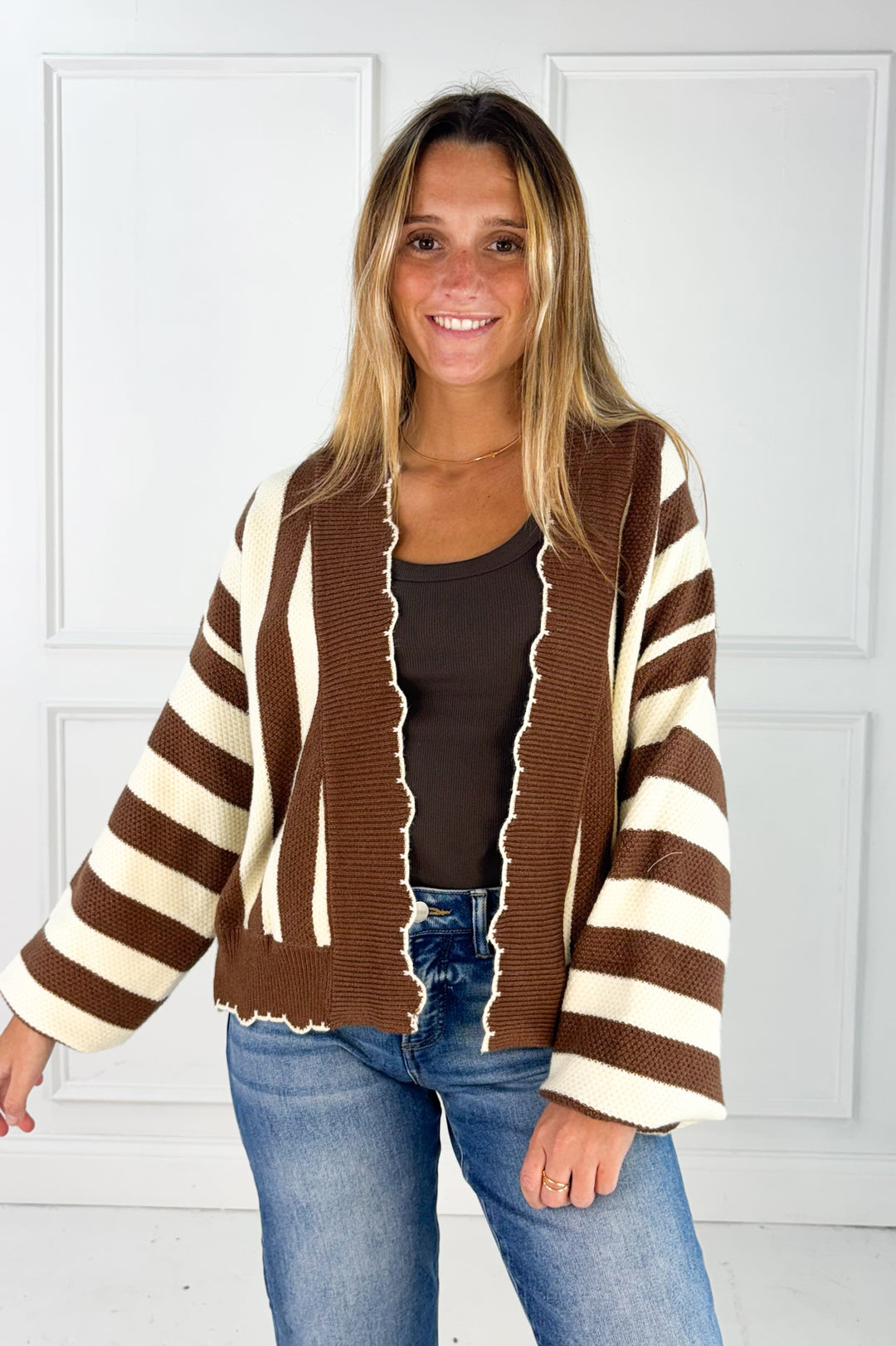 Textured Striped Sweater Open Cardigan