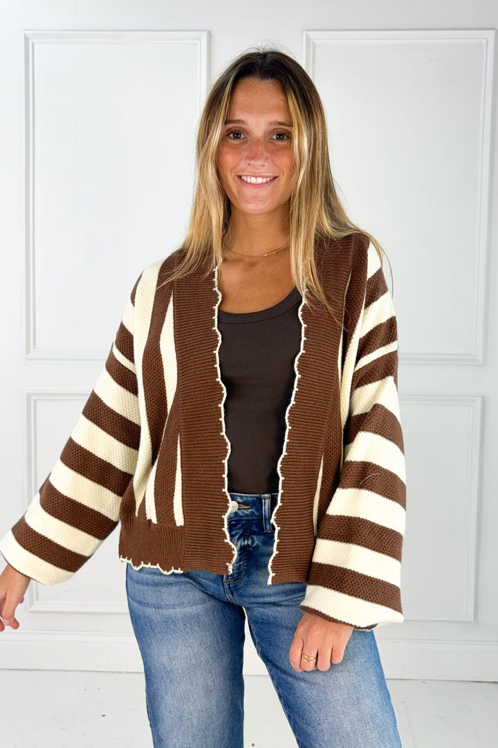 Textured Striped Sweater Open Cardigan