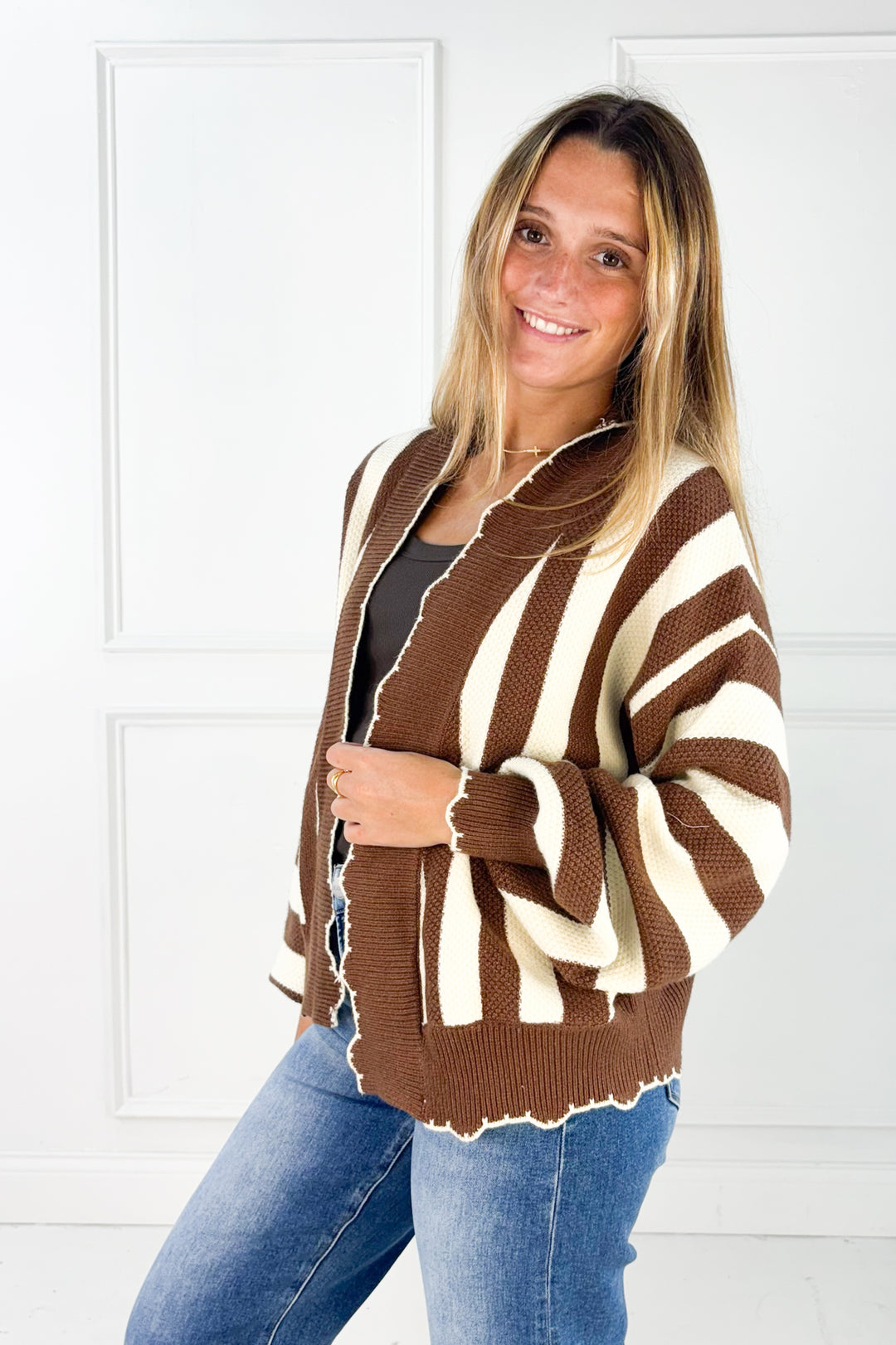 Textured Striped Sweater Open Cardigan