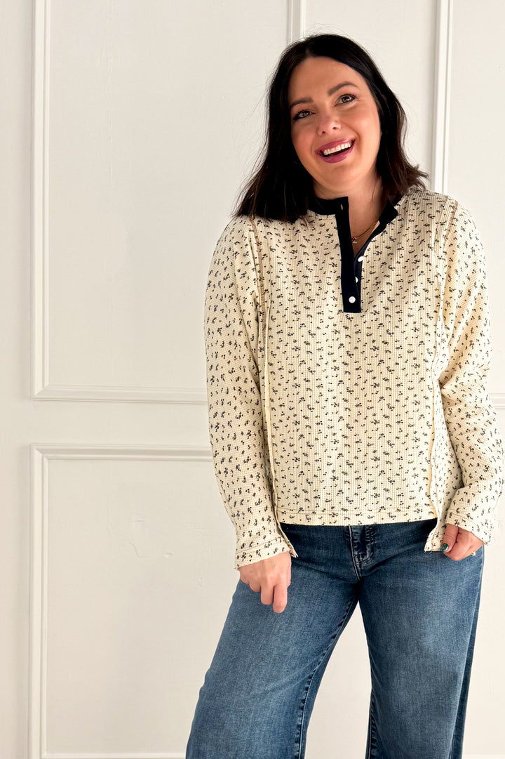 Ditsy Floral Henley Neck Waffle Knit Top