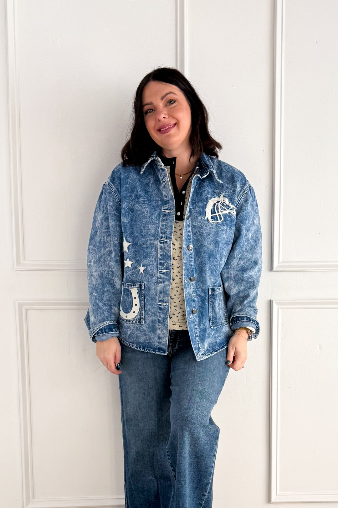 Horse Embroidery Washed Denim Jacket