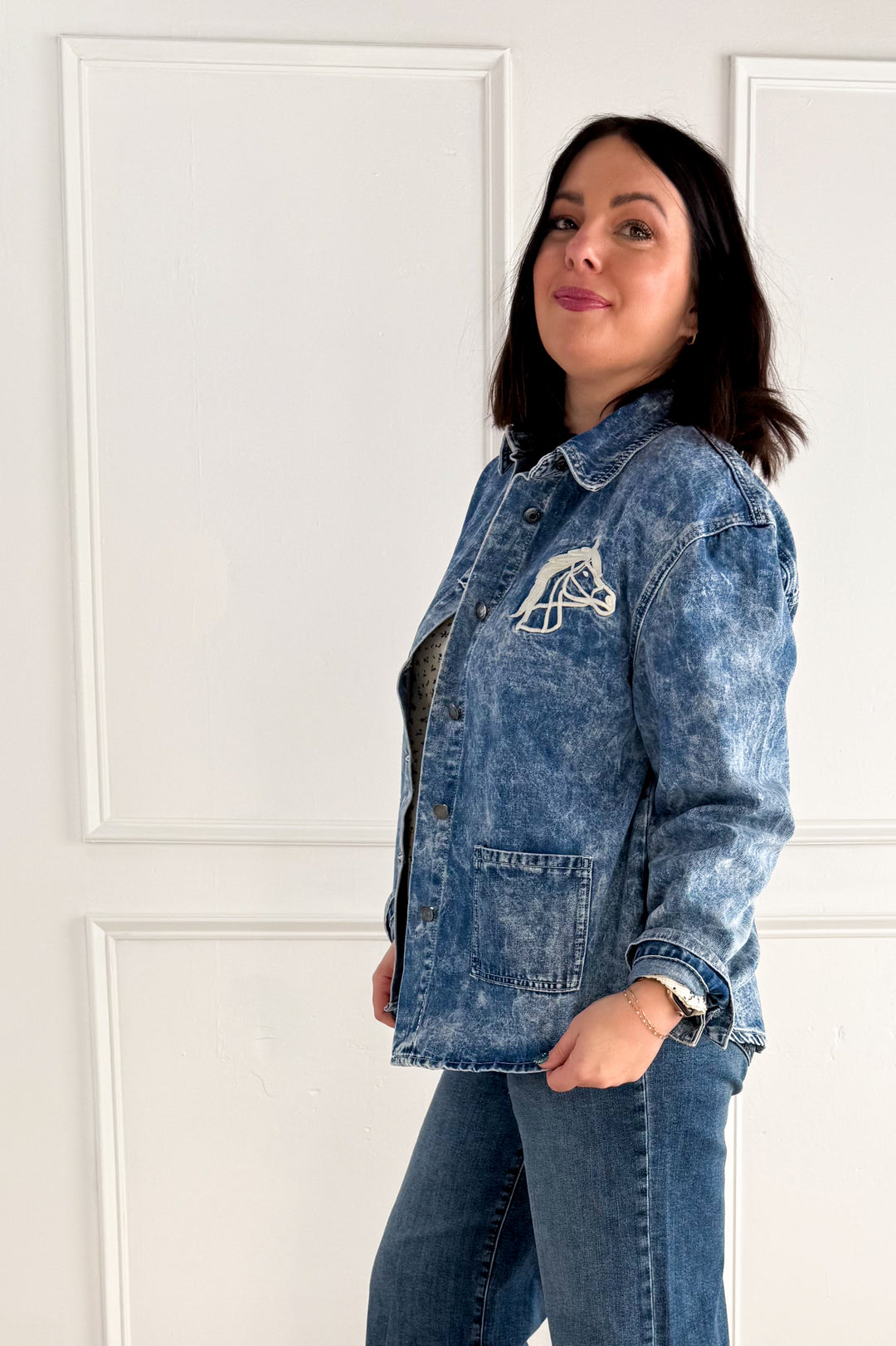 Horse Embroidery Washed Denim Jacket