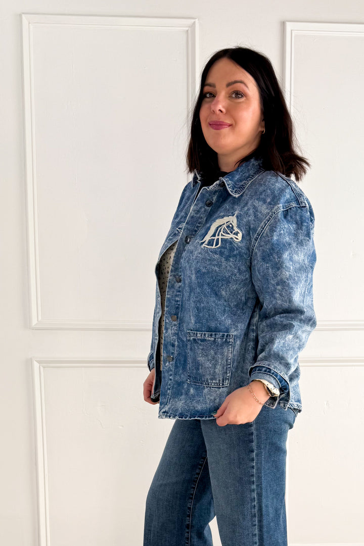 Horse Embroidery Washed Denim Jacket