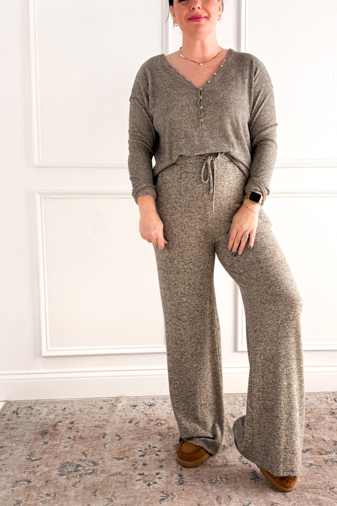 Ribbed V-Neck Button Detail Long Sleeve Top