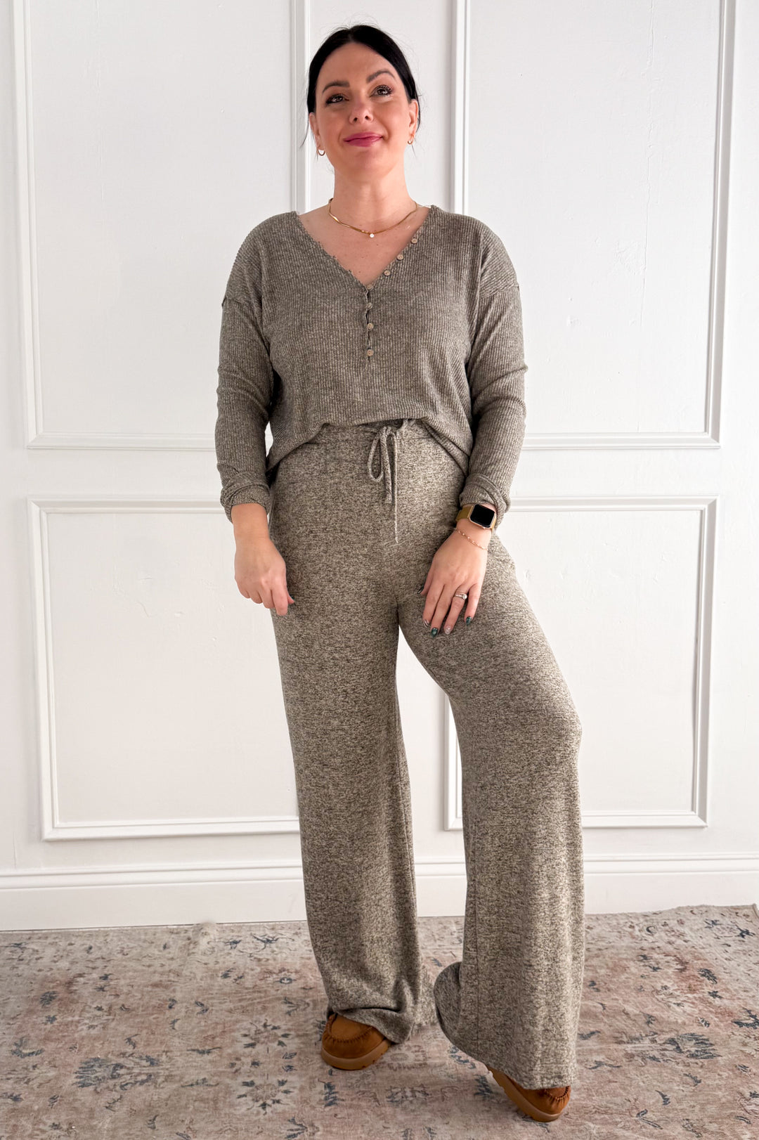 Ribbed V-Neck Button Detail Long Sleeve Top