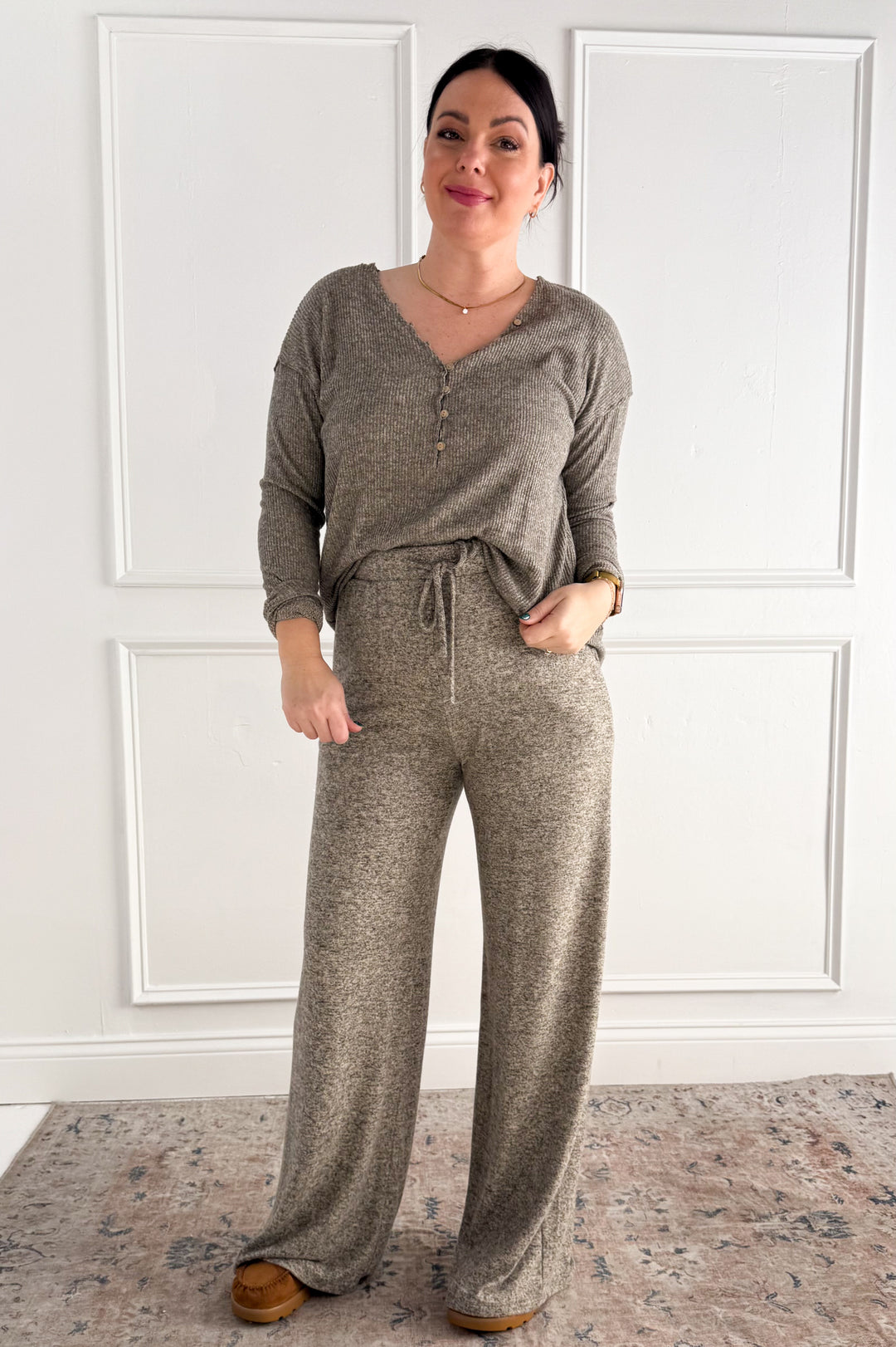 Elastic Waist Tie Wide Leg Rib Pants