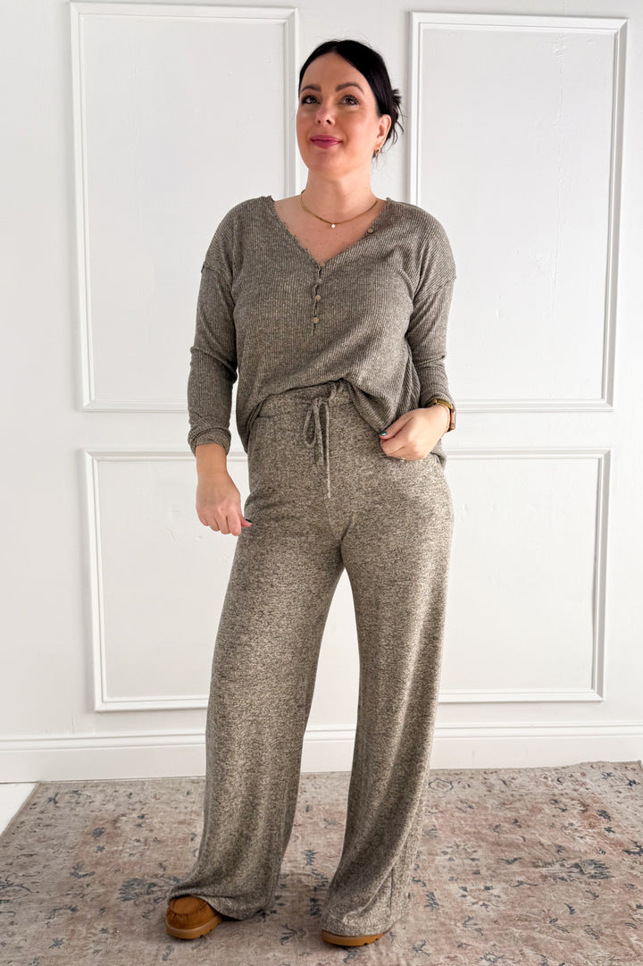 Ribbed V-Neck Button Detail Long Sleeve Top