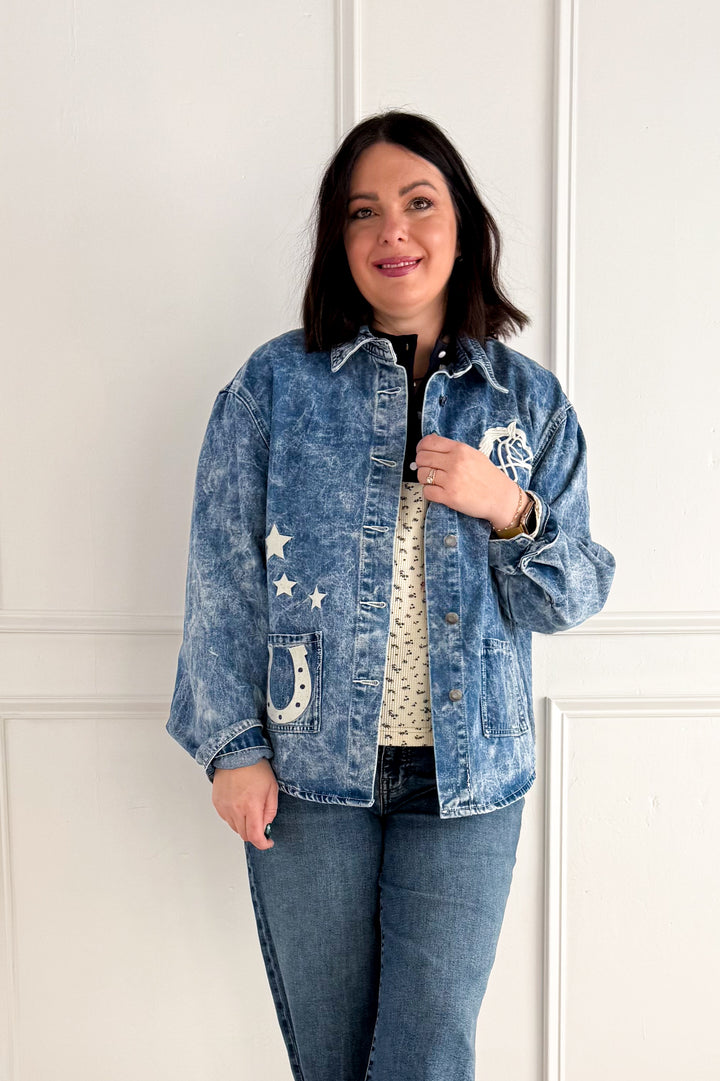 Horse Embroidery Washed Denim Jacket