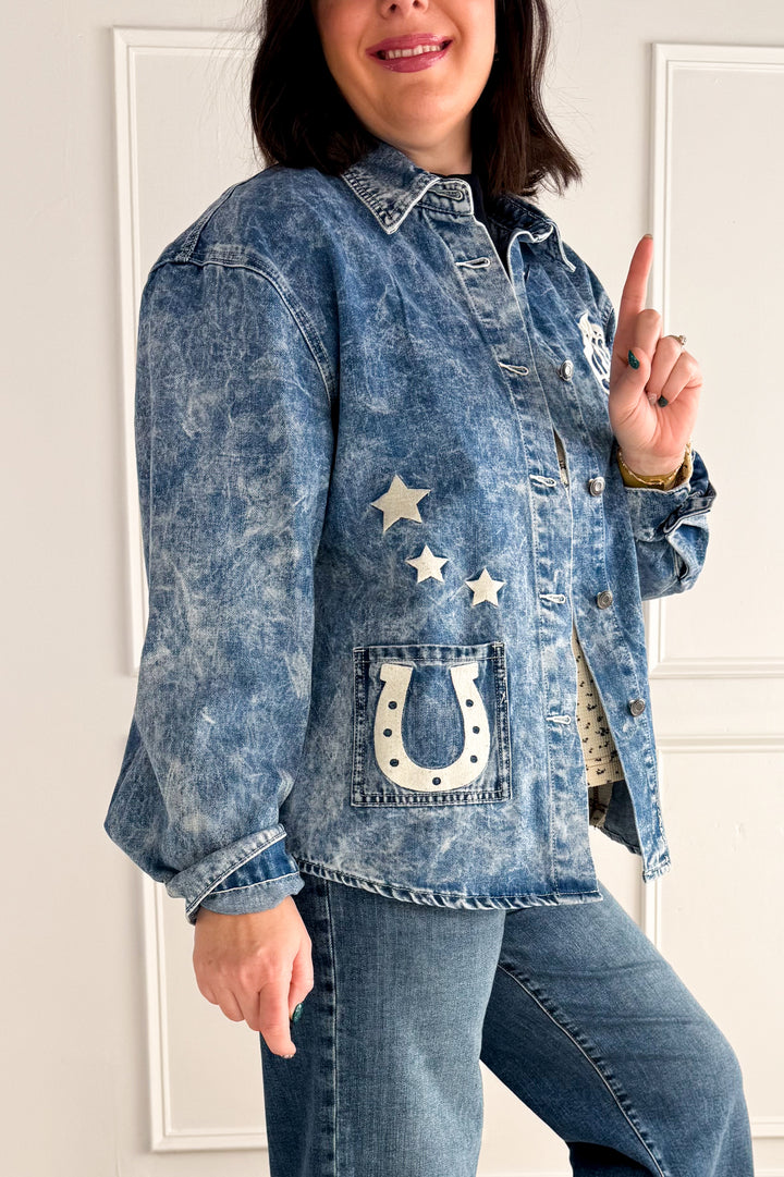 Horse Embroidery Washed Denim Jacket