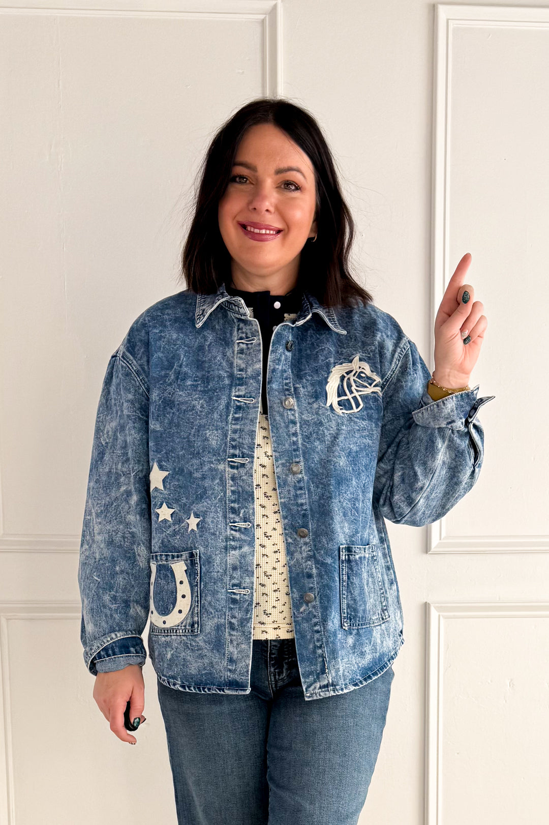 Horse Embroidery Washed Denim Jacket