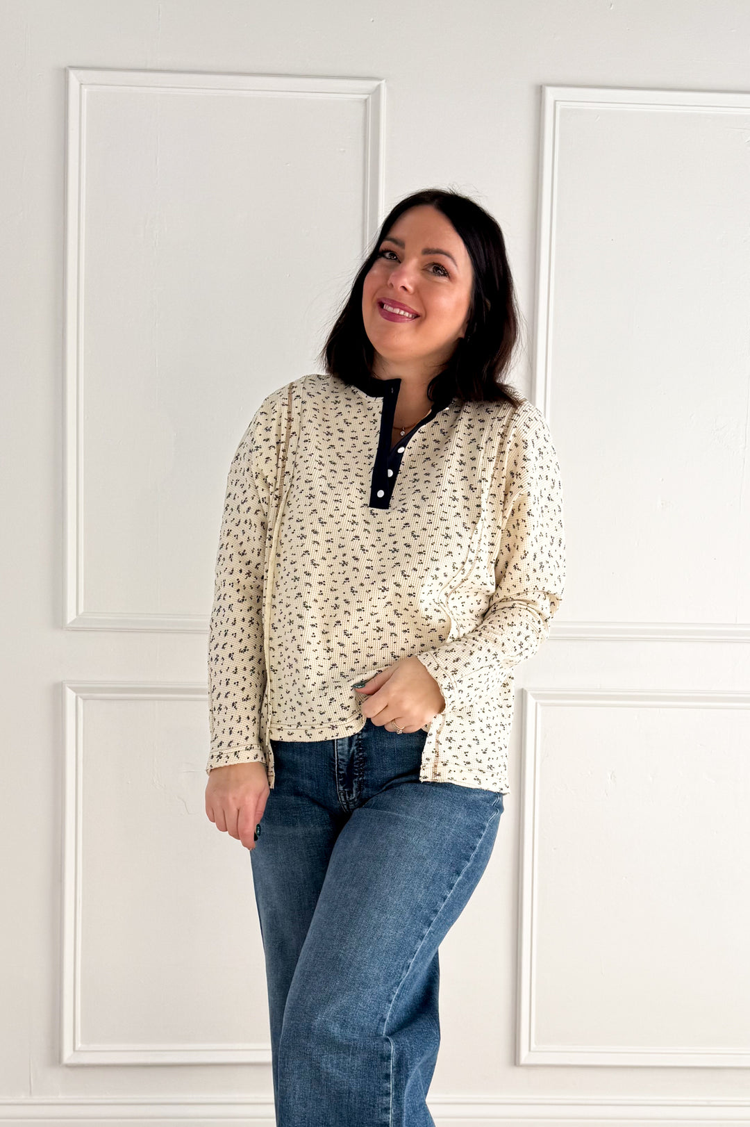 Ditsy Floral Henley Neck Waffle Knit Top