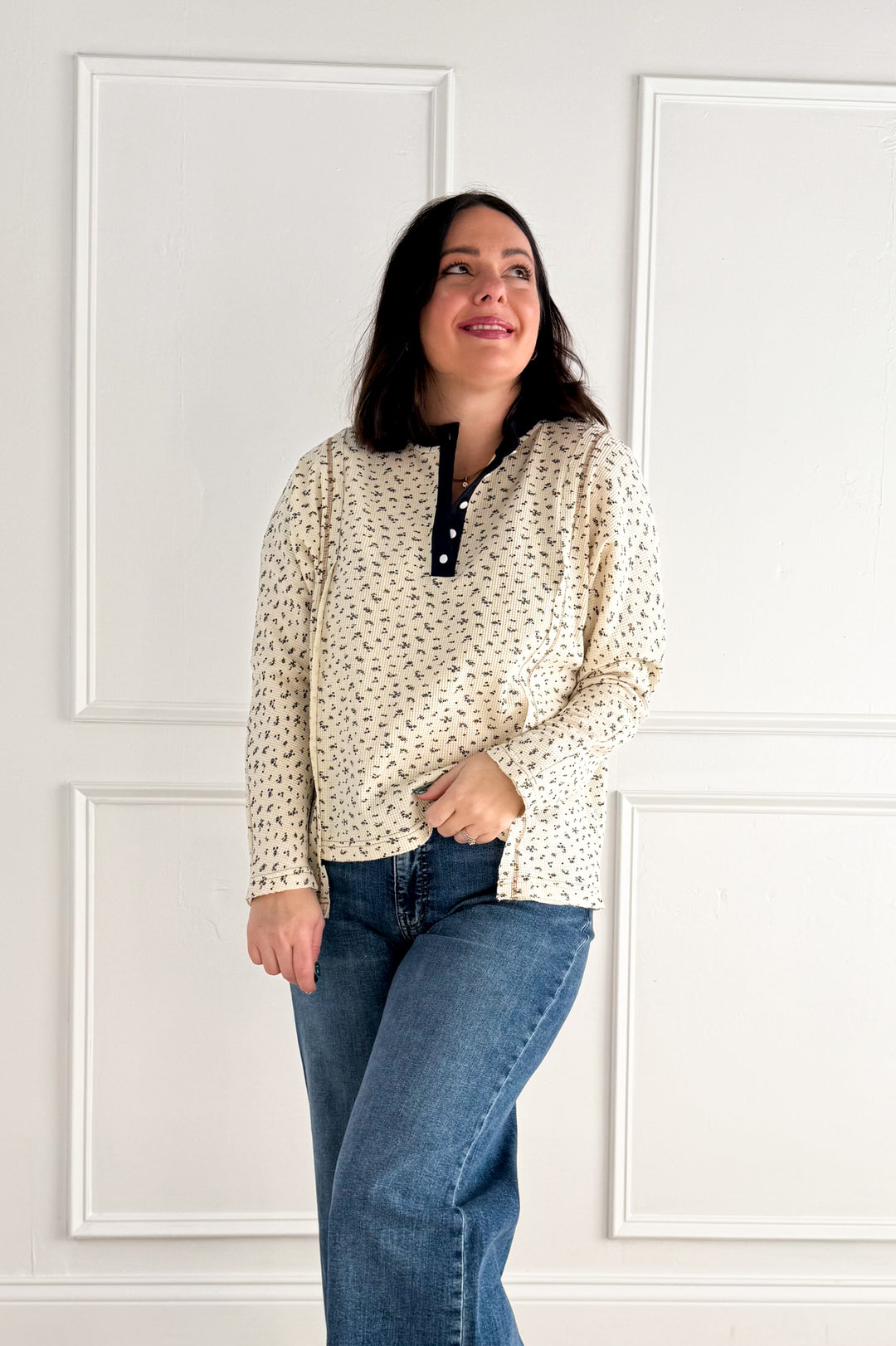 Ditsy Floral Henley Neck Waffle Knit Top