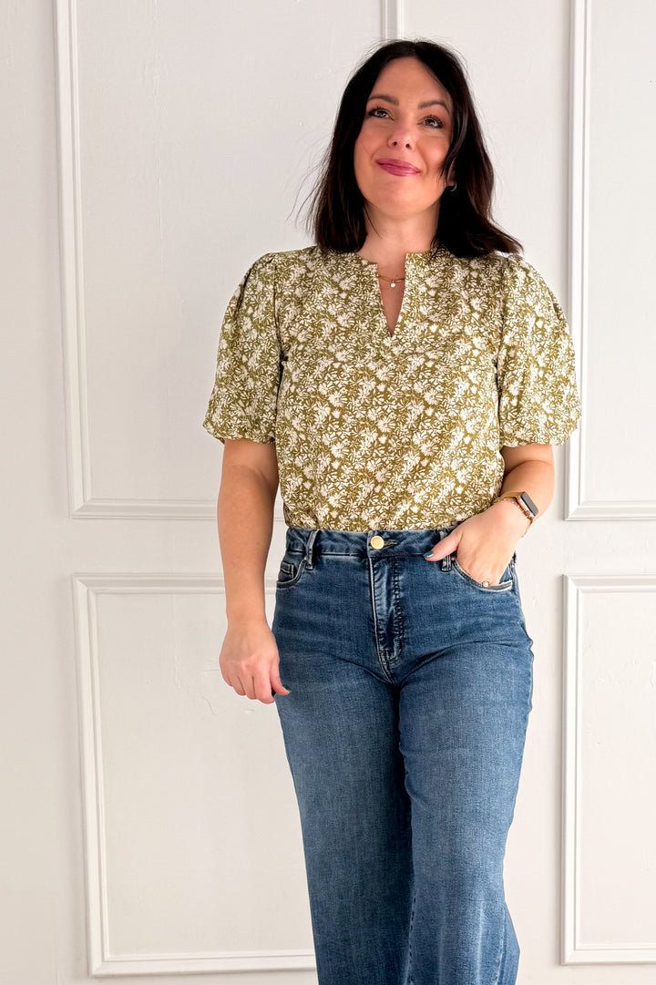 Boho Floral Bubble Sleeve V-Neck Blouse