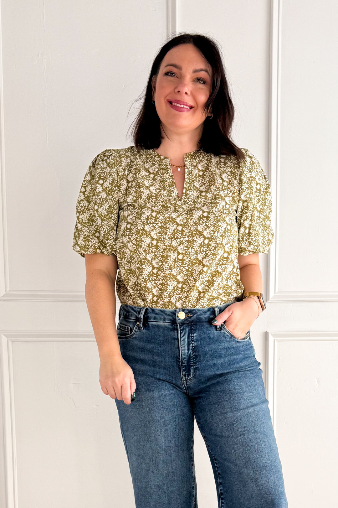 Boho Floral Bubble Sleeve V-Neck Blouse