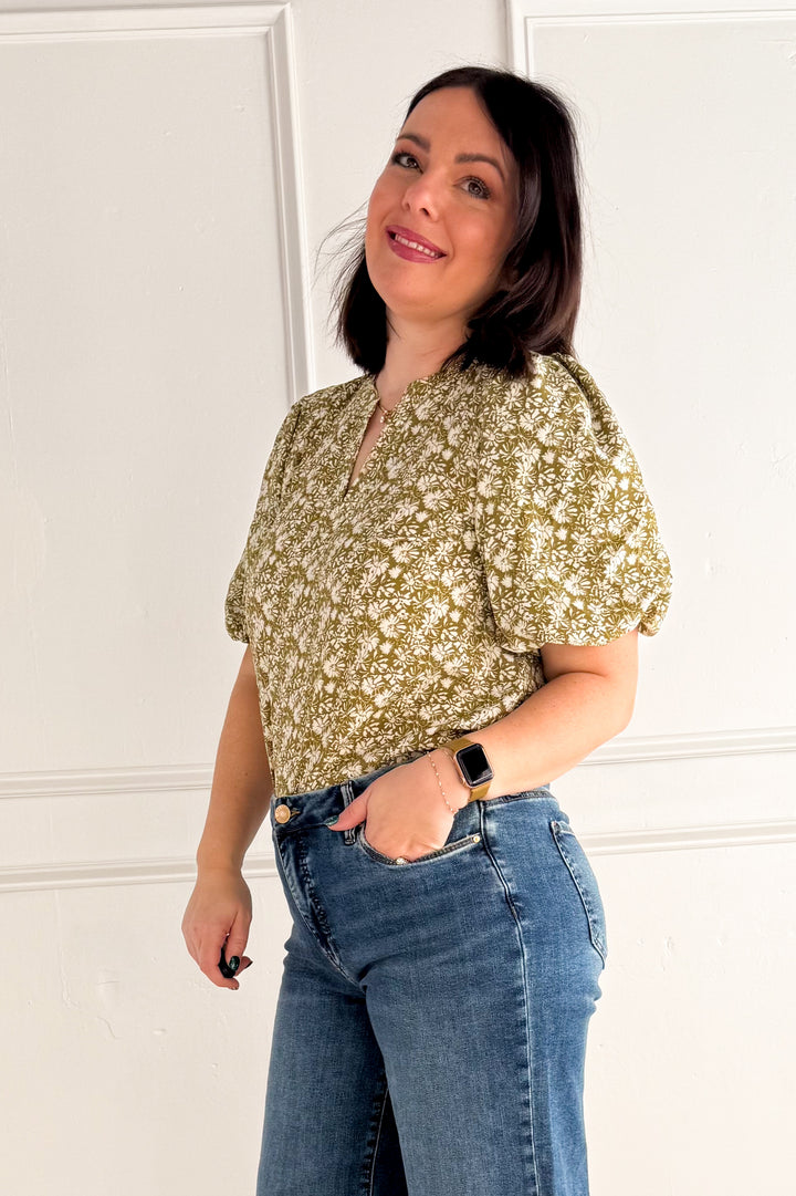 Boho Floral Bubble Sleeve V-Neck Blouse