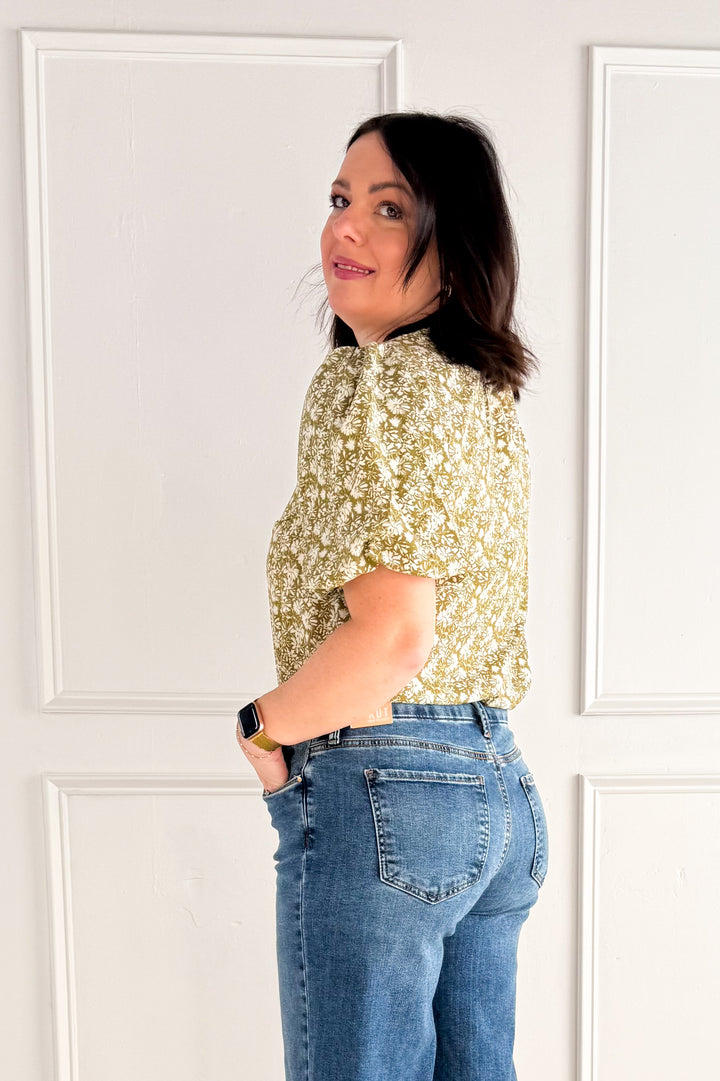 Boho Floral Bubble Sleeve V-Neck Blouse