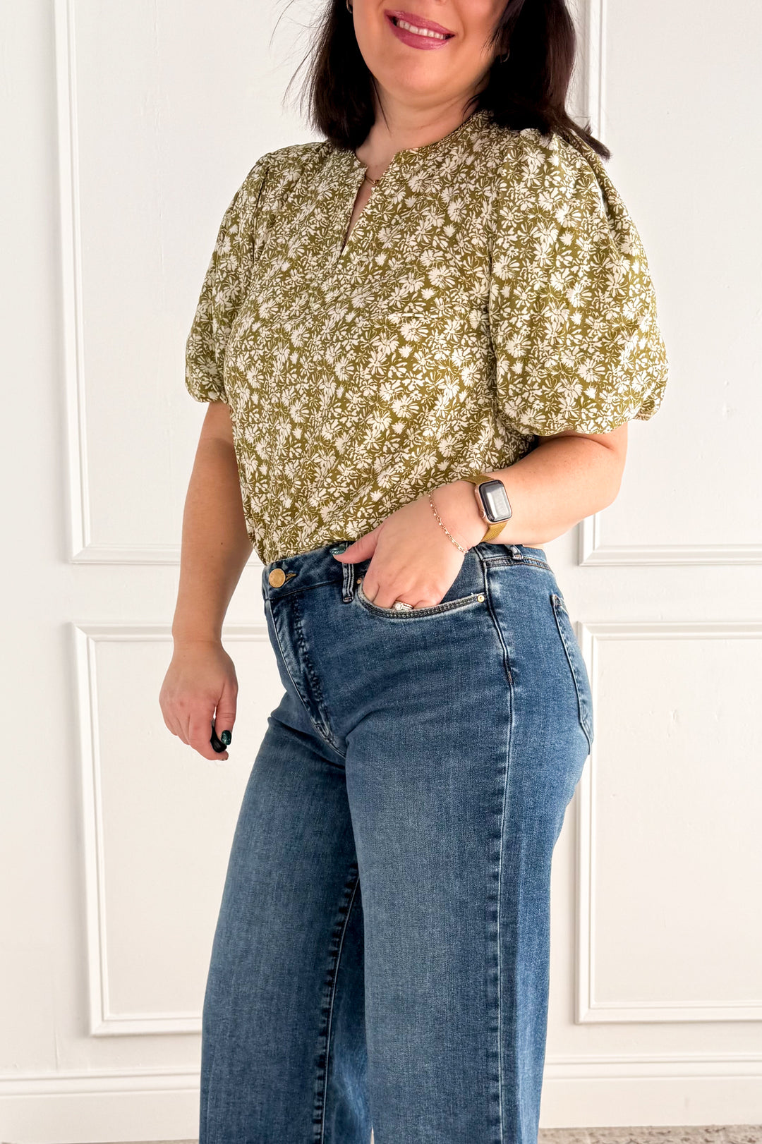 Boho Floral Bubble Sleeve V-Neck Blouse