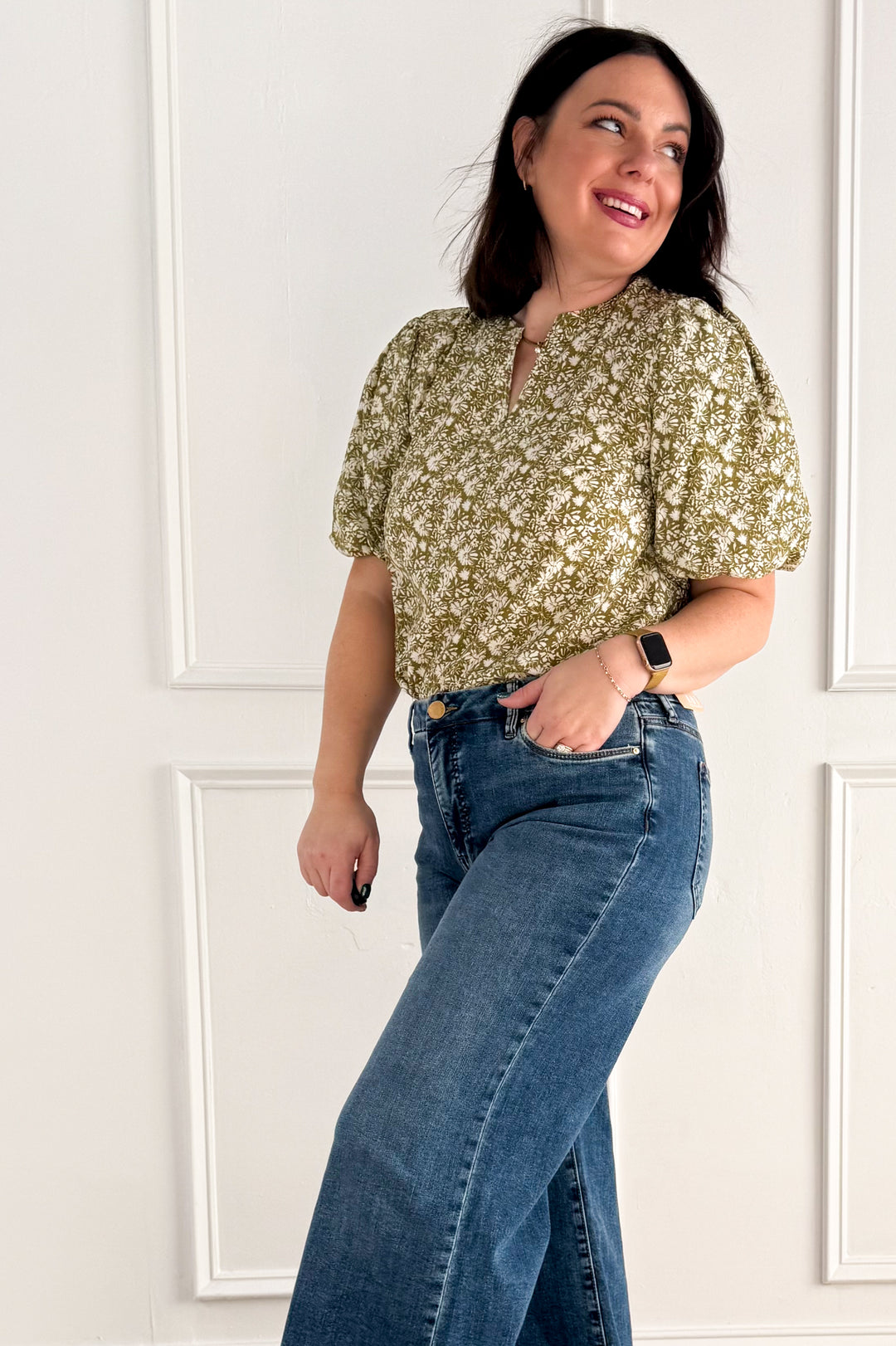 Boho Floral Bubble Sleeve V-Neck Blouse