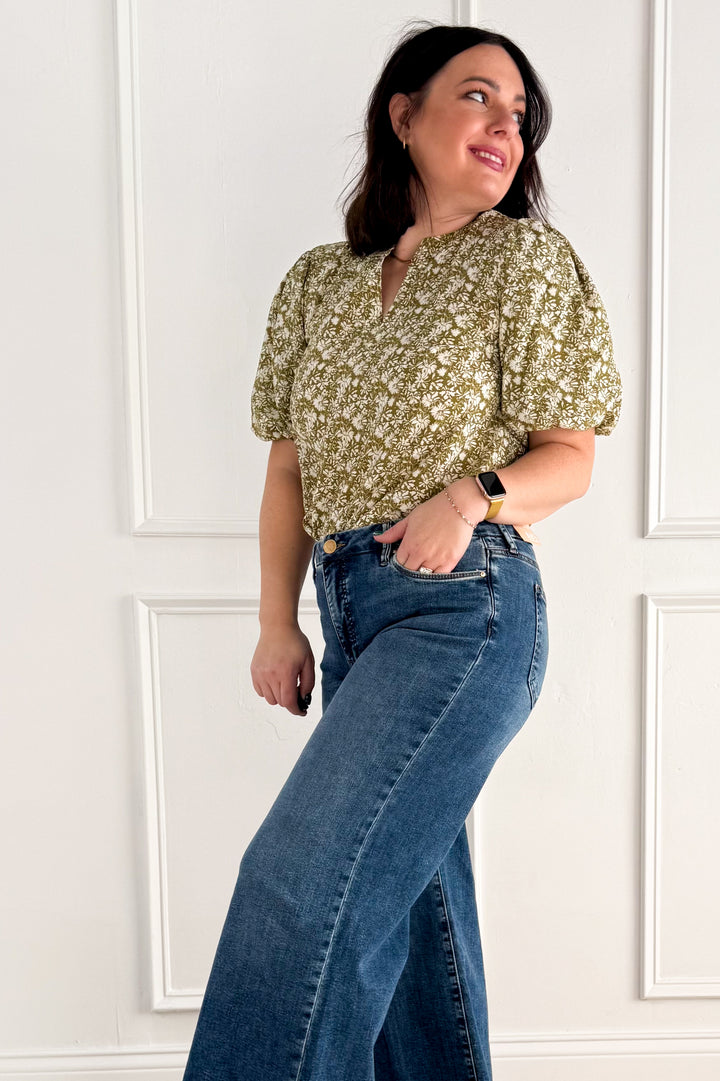 Boho Floral Bubble Sleeve V-Neck Blouse