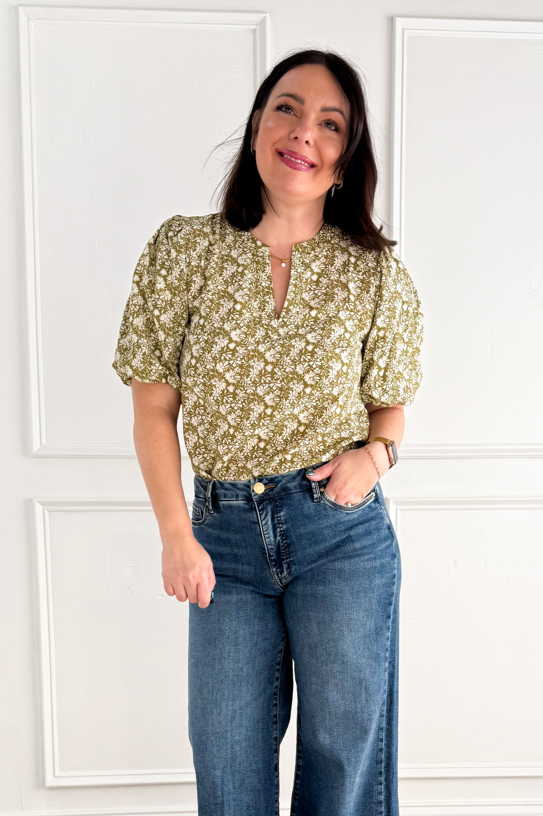 Boho Floral Bubble Sleeve V-Neck Blouse