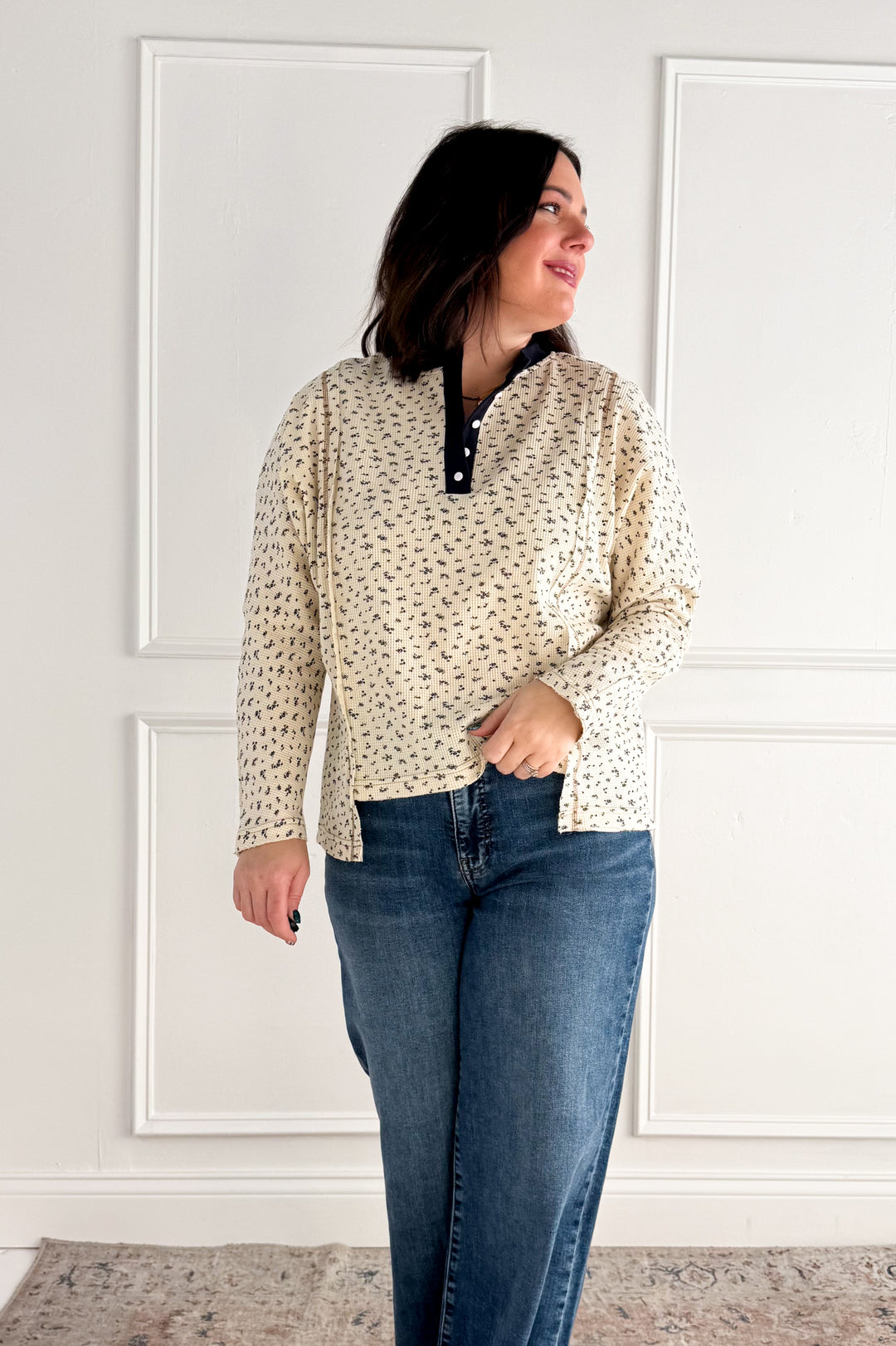 Ditsy Floral Henley Neck Waffle Knit Top