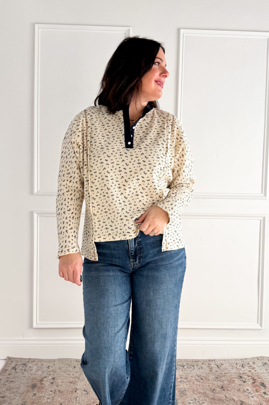 Ditsy Floral Henley Neck Waffle Knit Top