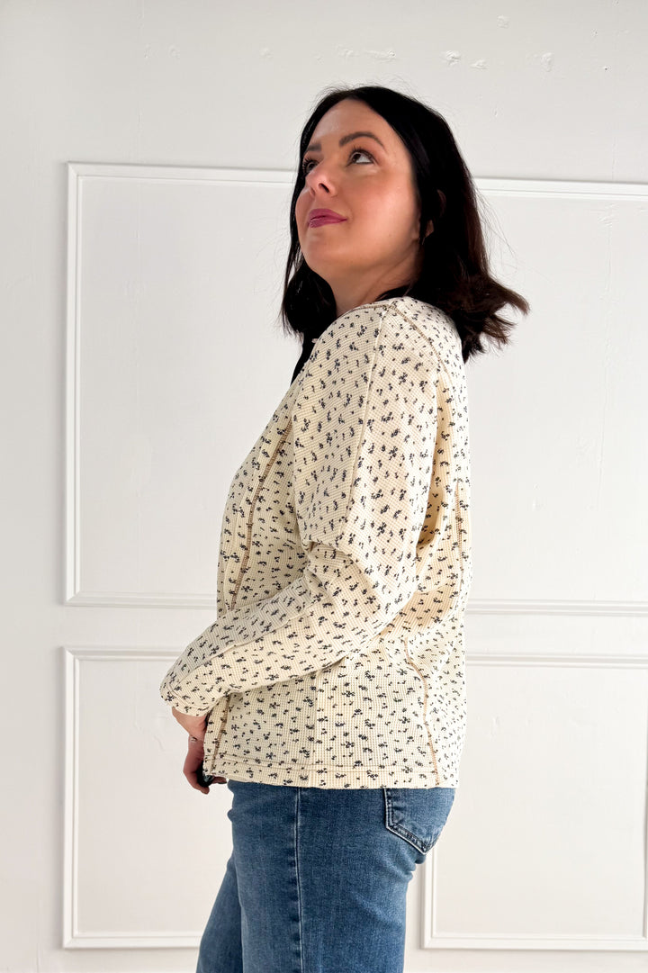 Ditsy Floral Henley Neck Waffle Knit Top