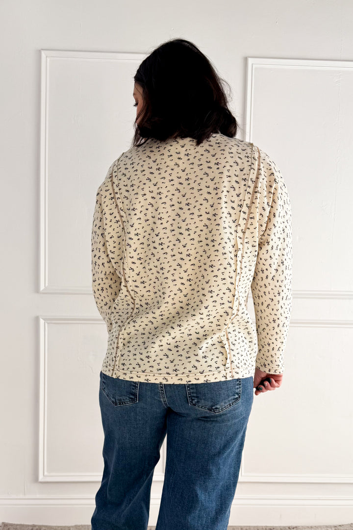 Ditsy Floral Henley Neck Waffle Knit Top